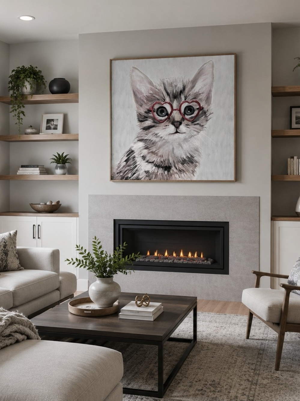 Framed Gray Tabby Kitten Wall Art with Red Glasses - Home Wall Decor